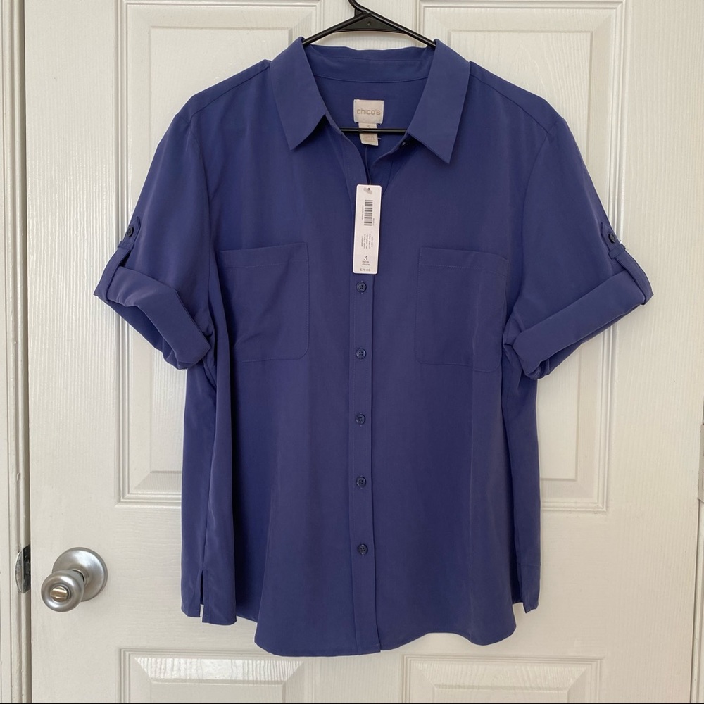 Chico’s Silky Soft Camp Shirt Navy Top NEW